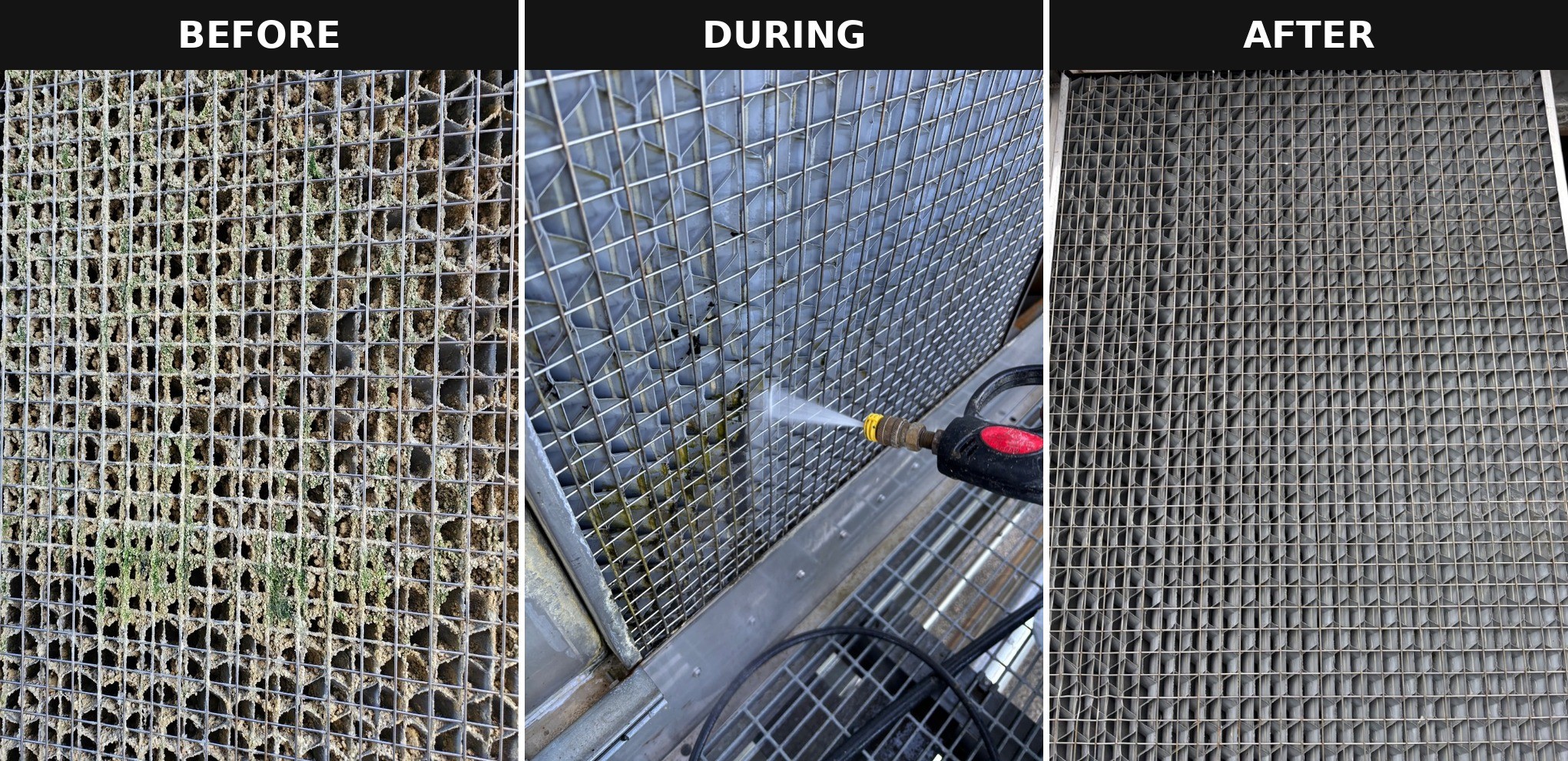 Cooling tower before, during and after cleaning